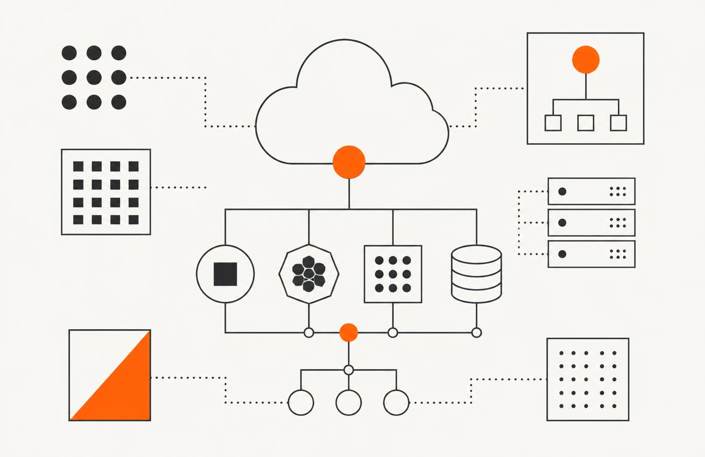 Diagram-style illustration of a cloud architecture with connected services, databases and server nodes