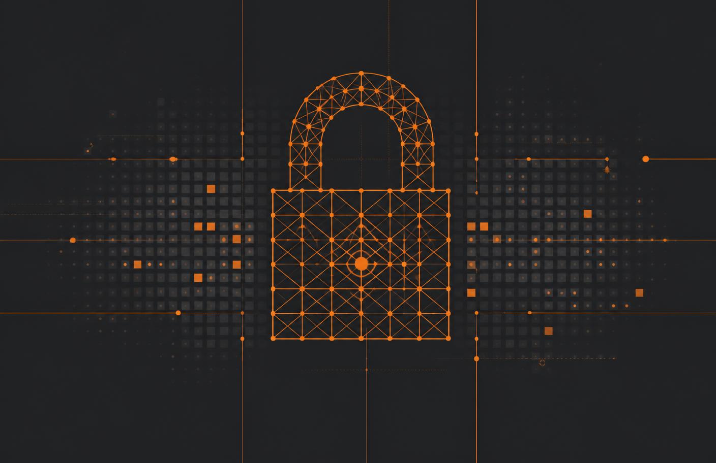 Abstract illustration of a padlock formed from an orange geometric lattice over an encrypted data grid