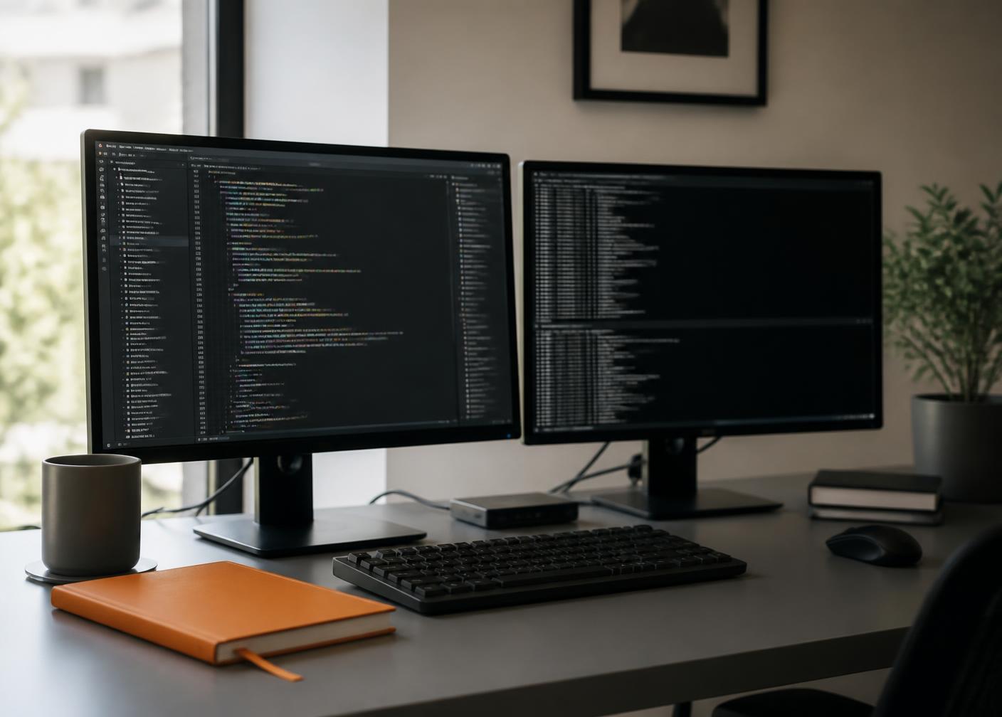 A software engineering desk with two monitors showing code and terminal output beside an orange notebook